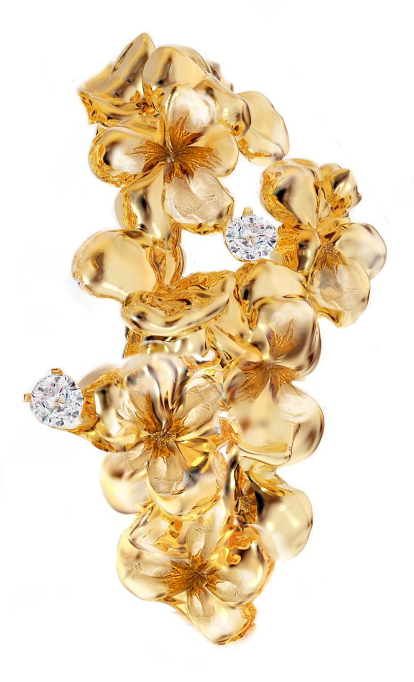 Eighteen Karat Yellow Gold Contemporary Hortensia Floral Earrings with Diamonds For Sale 1