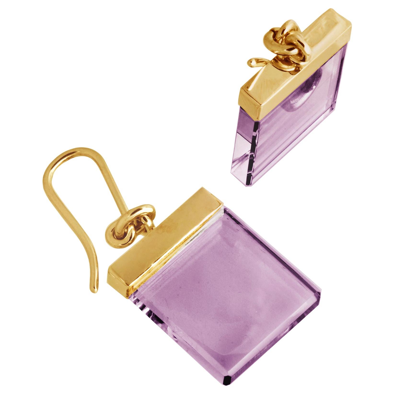 Eighteen Karat Yellow Gold Contemporary Ink Earrings with Amethysts For Sale