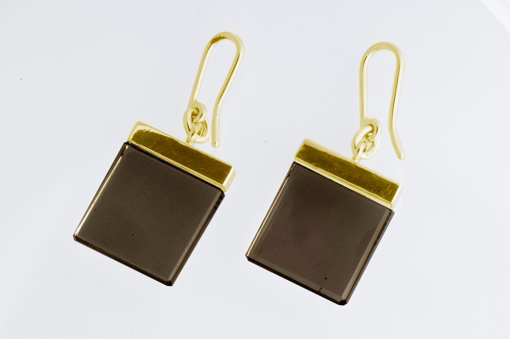 Yellow Gold Contemporary Ink Earrings by Artist with Dark Smoky Quartz For Sale 4