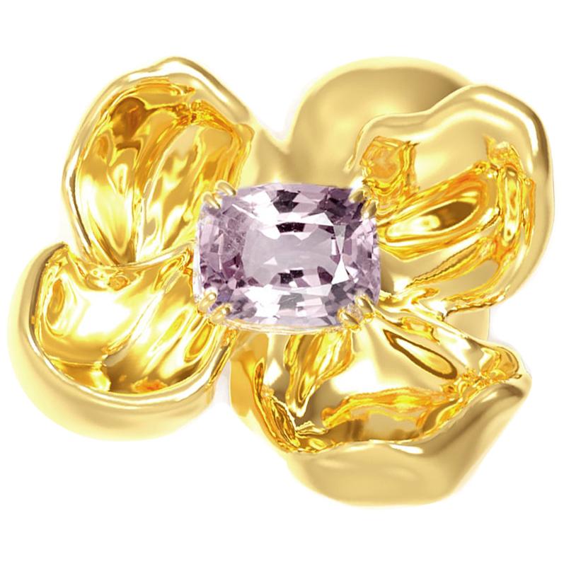 Yellow Gold Contemporary Magnolia Brooch with Light Purple Spinel