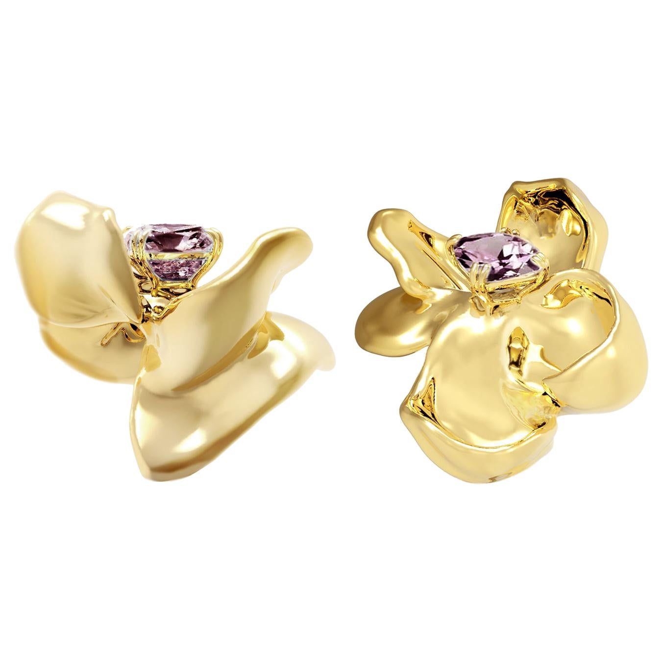 Yellow Gold Dimensional Contemporary Magnolia Clip-On Earrings 