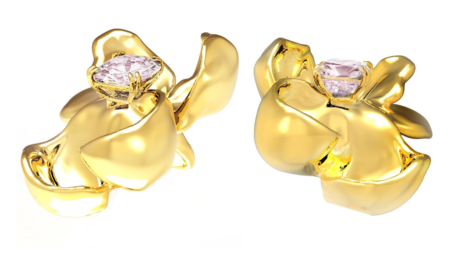 These Magnolia Flower contemporary clip-on earrings are in 18 karat yellow gold with purple cushion spinels (about 3 carats in total). The tender water-surface of the spinel multiplies the light, mirroring on the golden petals. 

The piece is