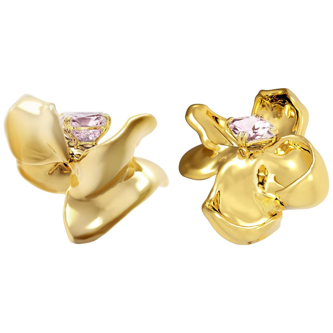 18 Karat Yellow Gold Contemporary Magnolia Clip-On Earrings with Spinels