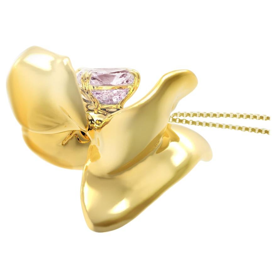 Yellow Gold Contemporary Magnolia Pendant Necklace with Lavender Spinel For Sale