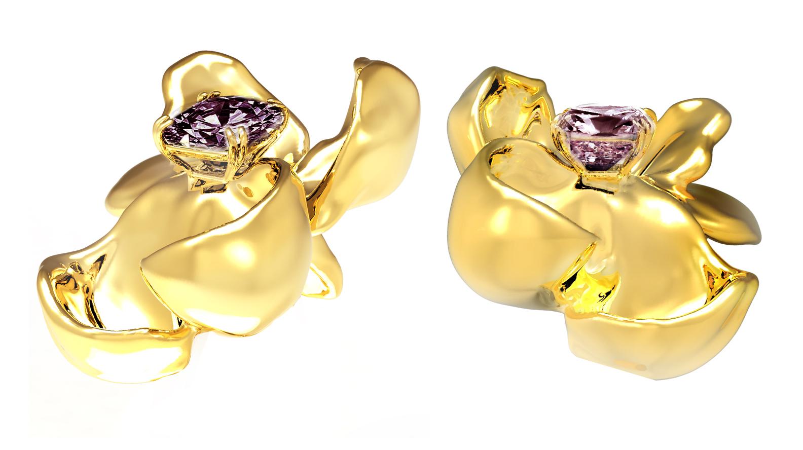 These contemporary Magnolia Flower stud earrings are crafted in 18 karat yellow gold with storm purple cushion spinels totaling approximately 3 carats. The tender water-like surface of the spinel reflects light beautifully, creating a mirrored