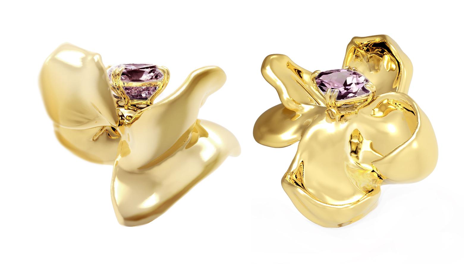Yellow Gold Contemporary Magnolia Stud Earrings with Purple Spinels For Sale 3