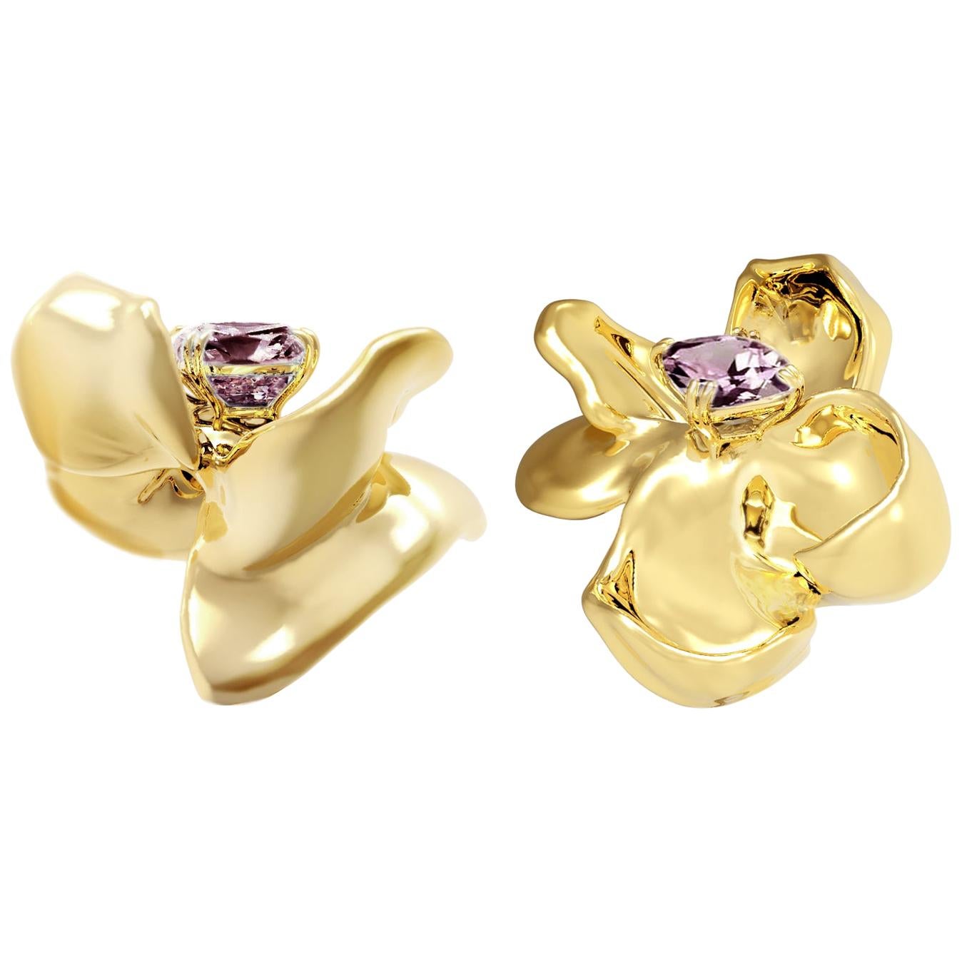 Yellow Gold Contemporary Magnolia Stud Earrings with Purple Spinels For Sale