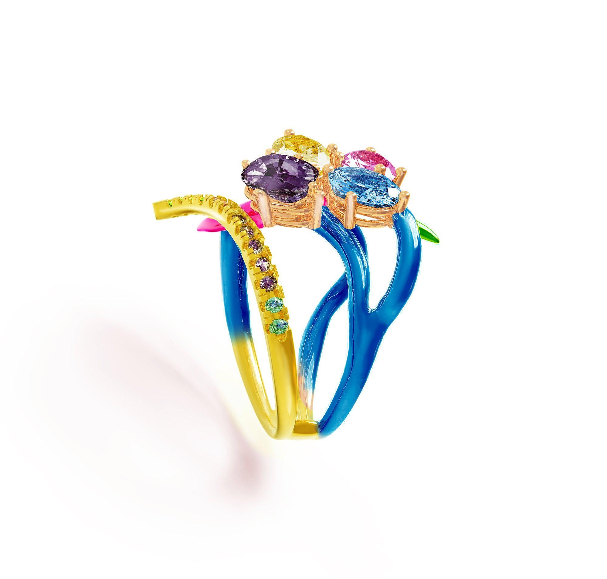 This Harajuku contemporary enamel ring is made of 18 karat yellow gold with natural gems on your choice custom made.
The gems are:
Oval or pear cut pink sapphire, 2,17 carats;
Unheated untreated yellow sapphire in oval cut, 1,61 carats;
Blue swiss