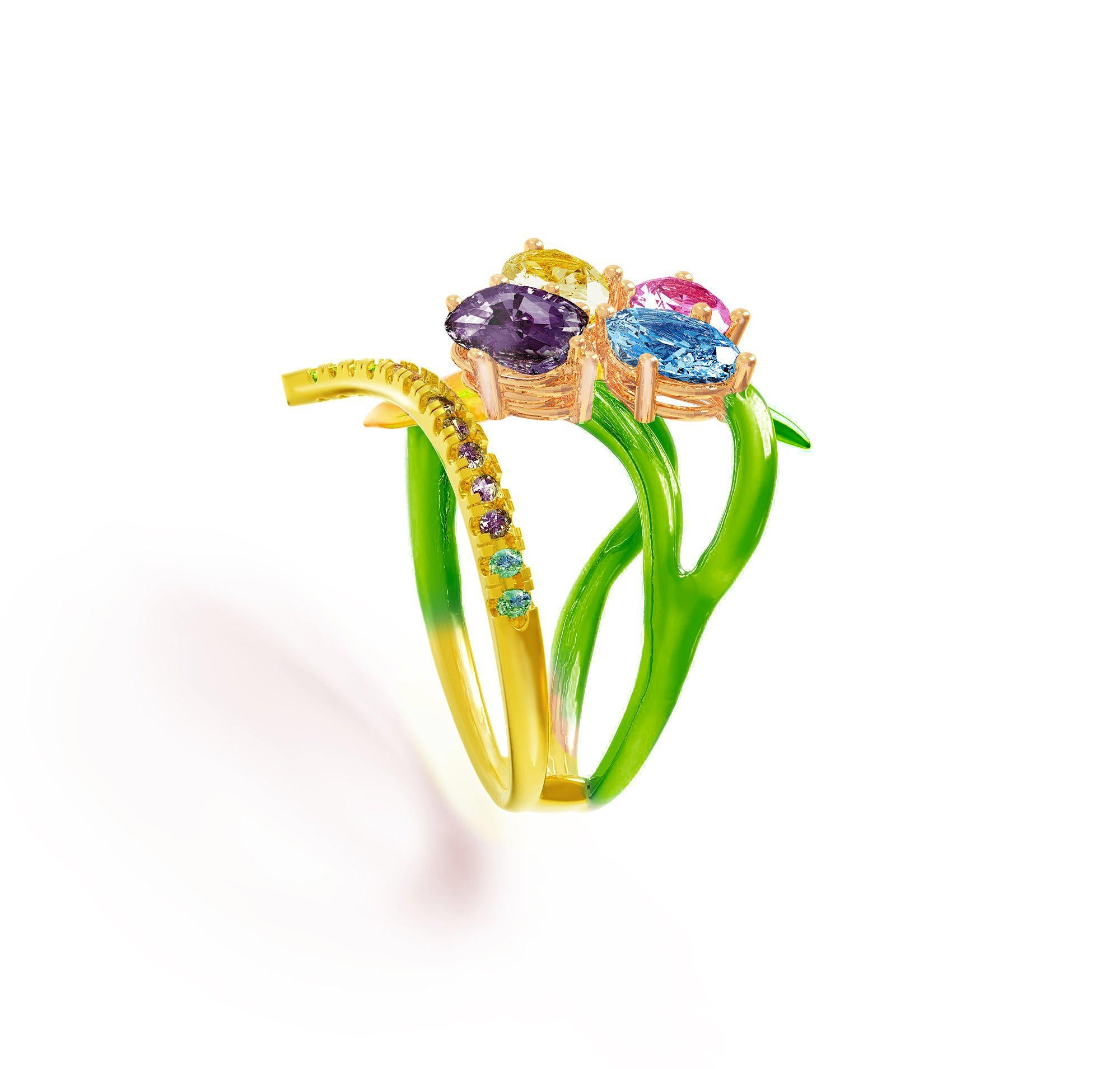 This Anime contemporary enamel ring is made of 18 karat yellow gold with natural gems of your choice custom-made. The gem options include oval or pear cut pink sapphire (2.17 carats), unheated untreated yellow sapphire in oval cut (1.61 carats),