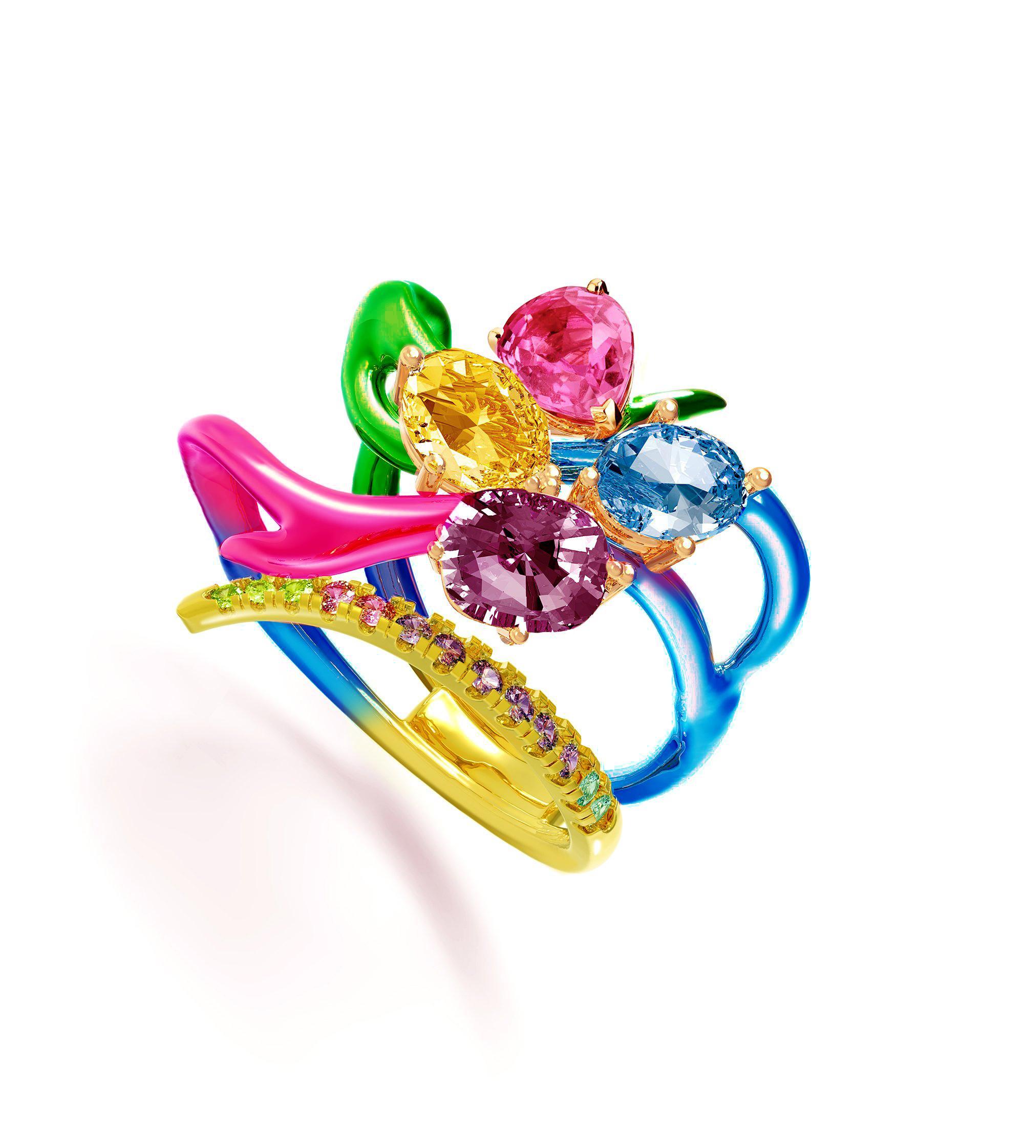 Eighteen Karat Yellow Gold Contemporary Neon Enamel Ring with Pink Sapphire For Sale 3