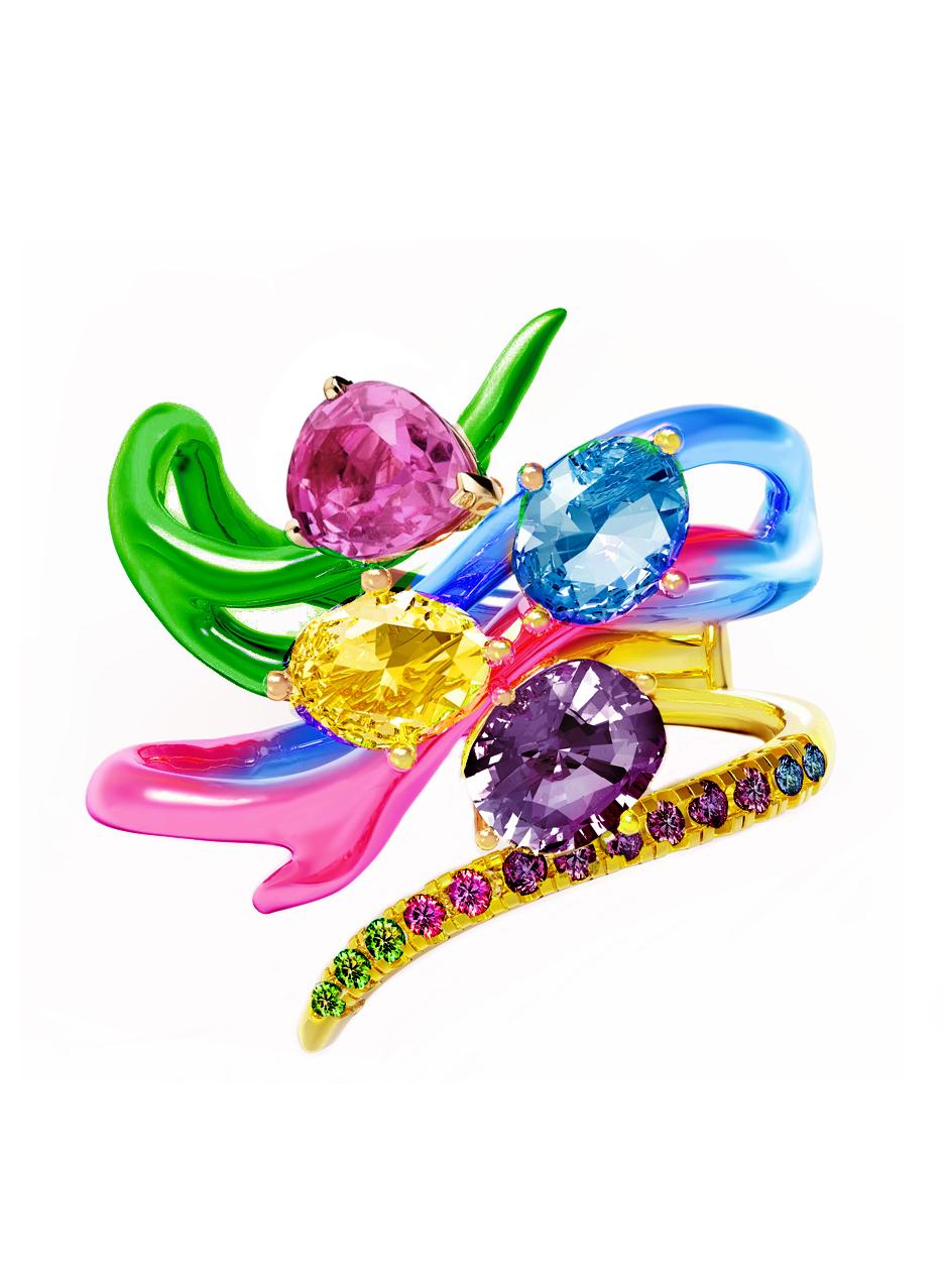 Eighteen Karat Yellow Gold Contemporary Neon Enamel Ring with Pink Sapphire For Sale 4