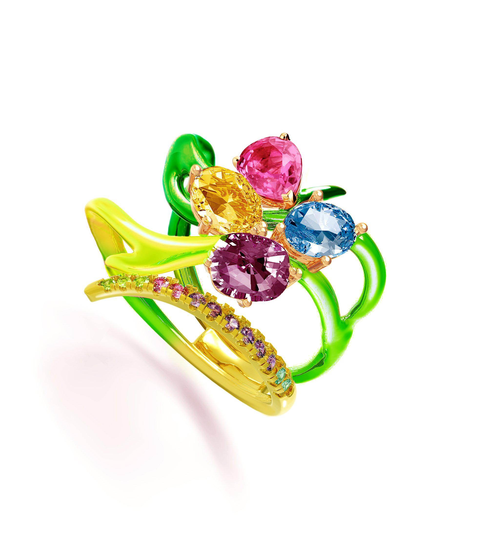 Eighteen Karat Yellow Gold Contemporary Neon Enamel Ring with Pink Sapphire For Sale 5