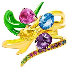 18 Karat Yellow Gold Contemporary Neon Enamel Ring with Sapphires
