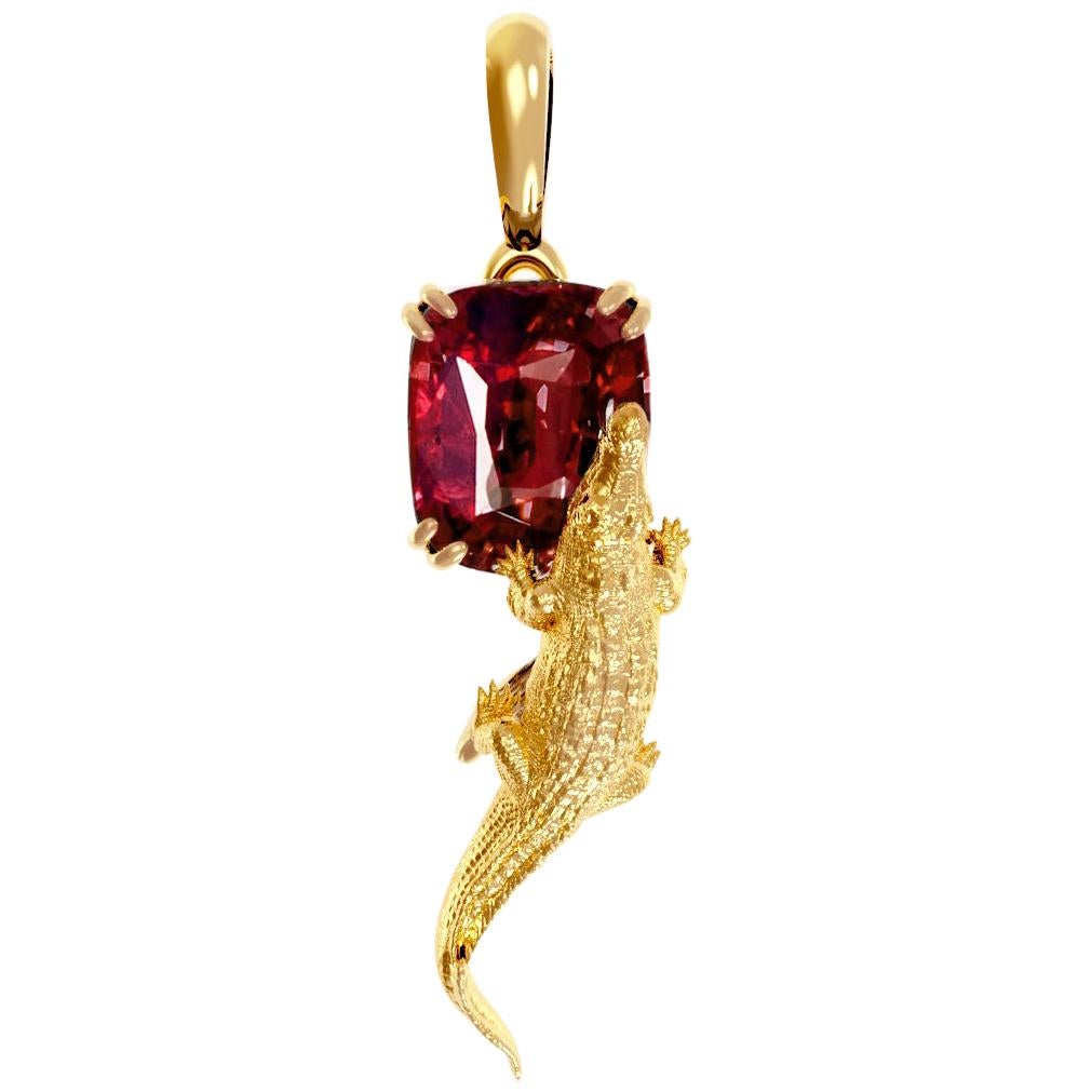 Eighteen Karat Yellow Gold Contemporary Pendant Necklace with Red Sapphire For Sale
