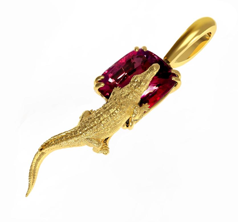 This 18 karat yellow gold contemporary Mesopotamian pendant necklace is encrusted with 6.63 carats natural pinkish red cushion sapphire, 12.4x10 mm. The gem catches eye's attention and well designed in contemporary design pendant necklace.

You can