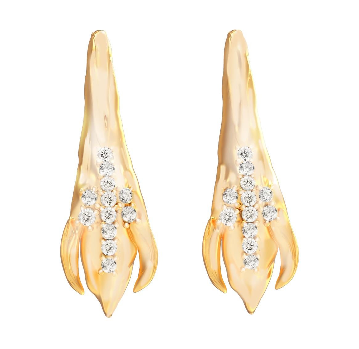 Yellow Gold Contemporary Peony Petal Earrings with Diamonds For Sale 4