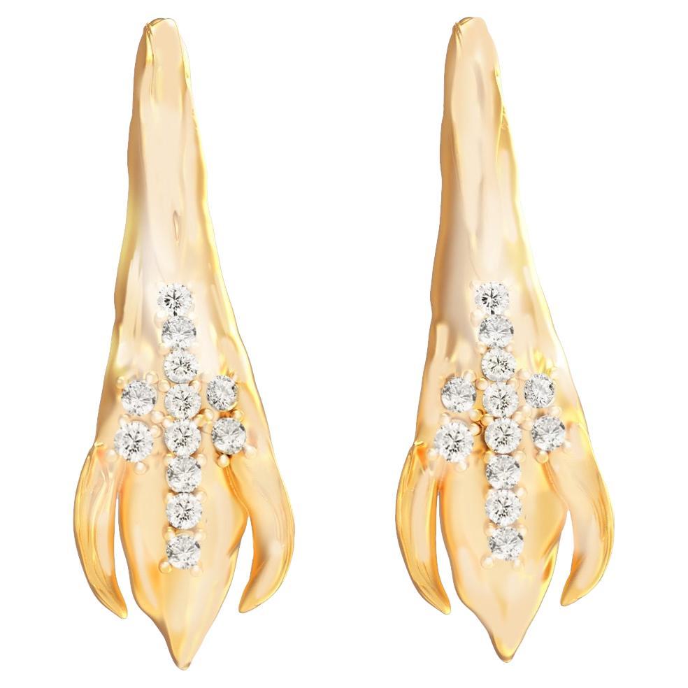 Yellow Gold Contemporary Peony Petal Earrings with Diamonds For Sale