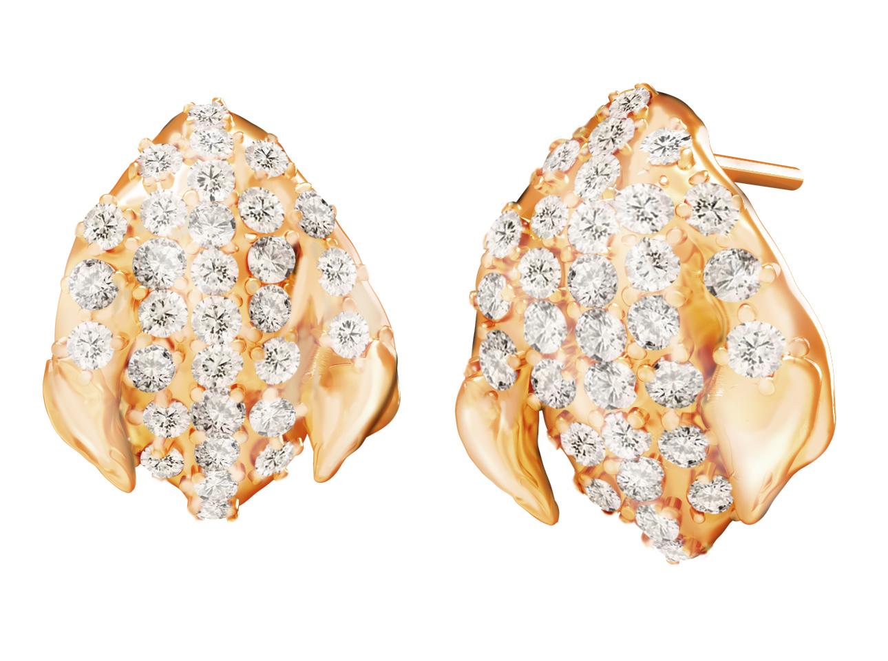 Eighteen Karat Yellow Gold Contemporary Peony Petal Sixty Diamonds Earrings For Sale 2