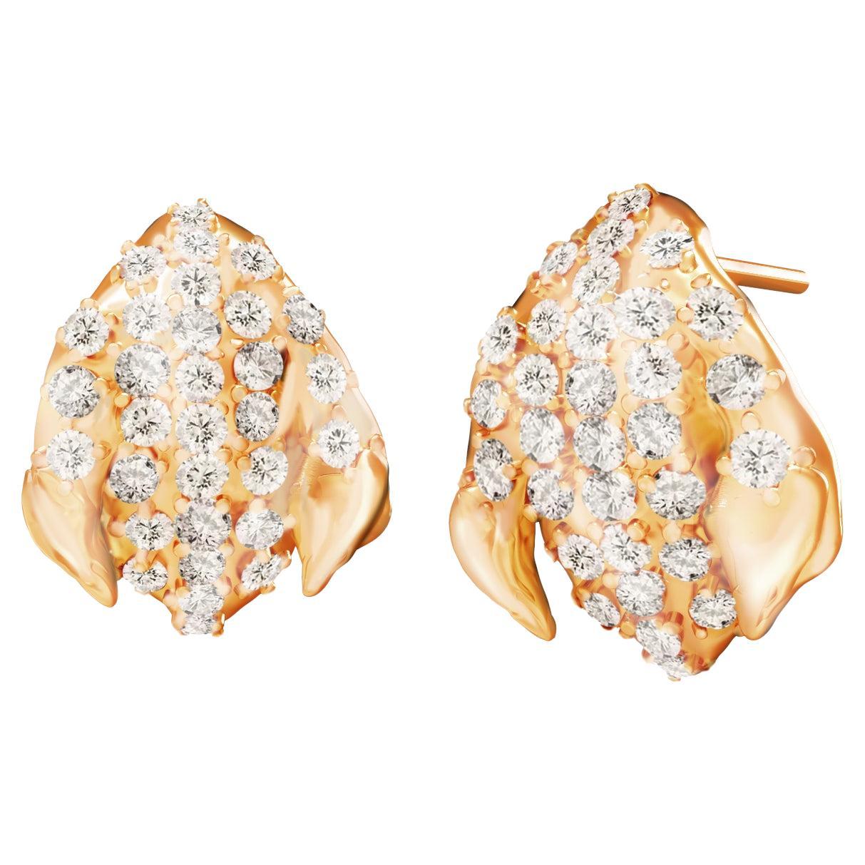 Achtzehn Karat Gelbgold Zeitgenössische Pfirsich-Blütenblatt-Ohrringe mit Diamanten