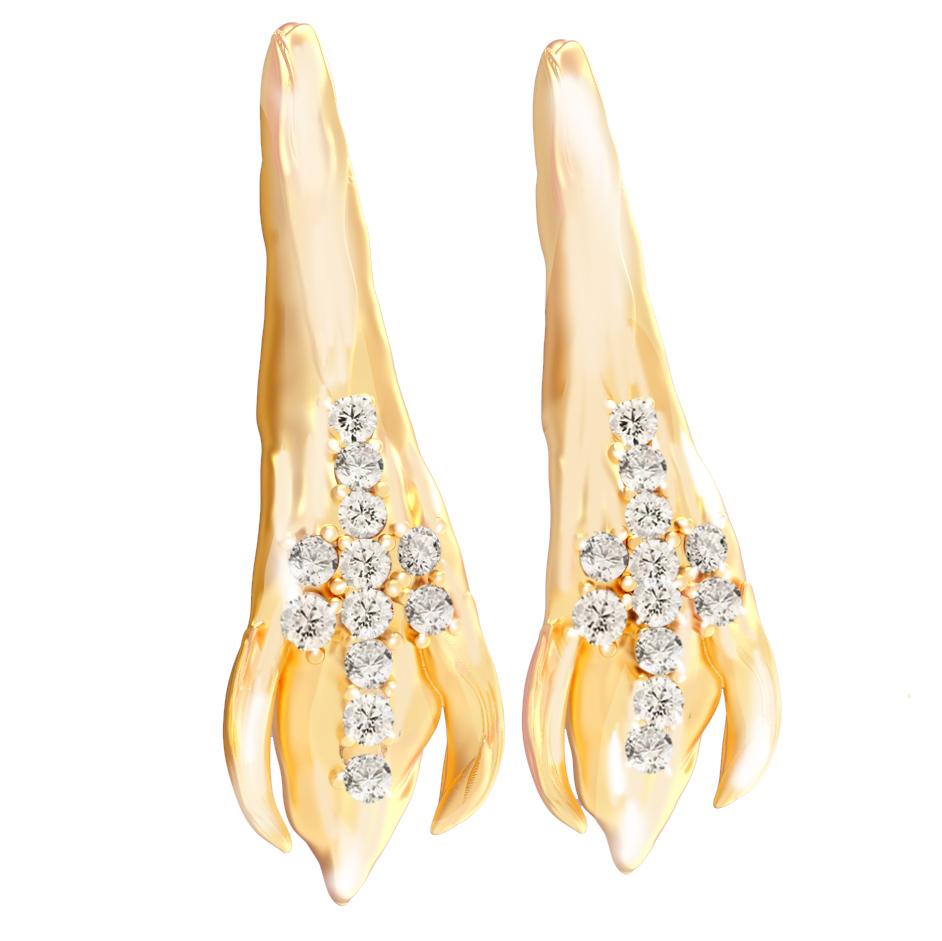 Taille ronde Boucles d'oreilles pétales de pivoine contemporaines en or jaune 18 carats avec 24 diamants en vente