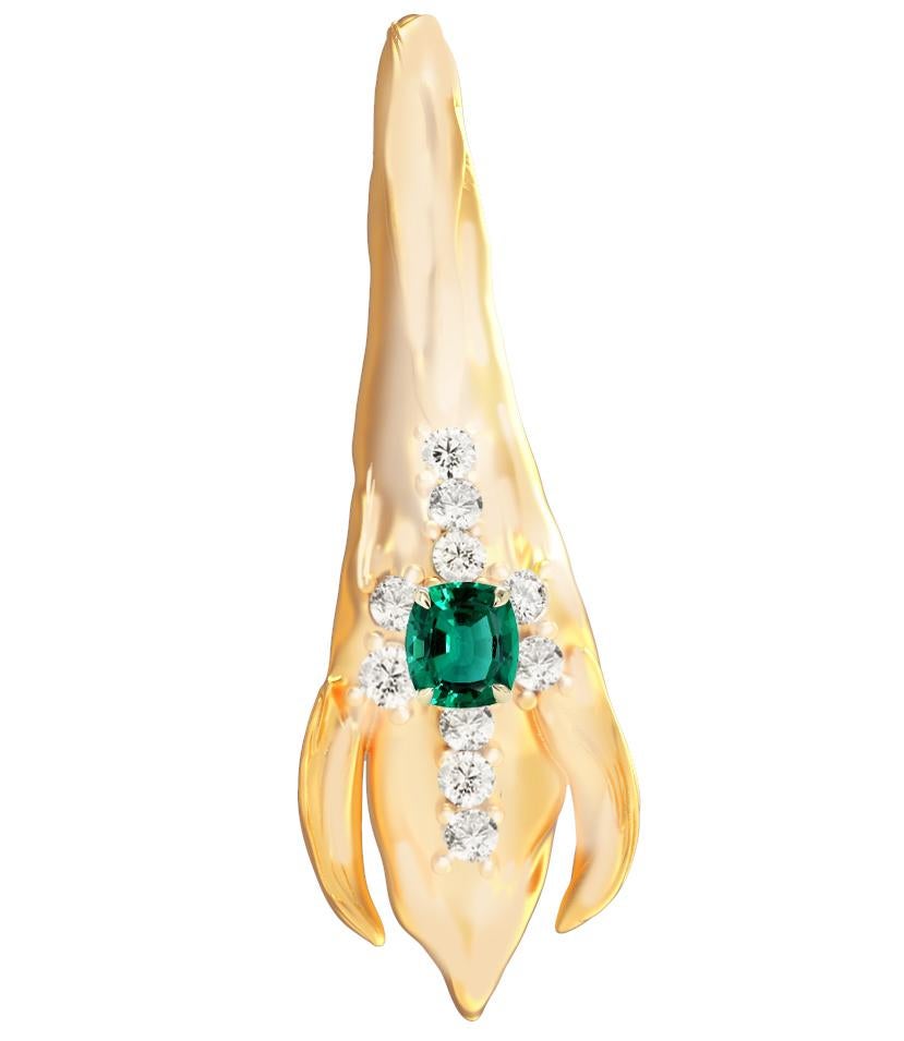 Taille ronde Boucles d'oreilles contemporaines en or jaune 18 carats à pétales avec émeraudes et diamants en vente
