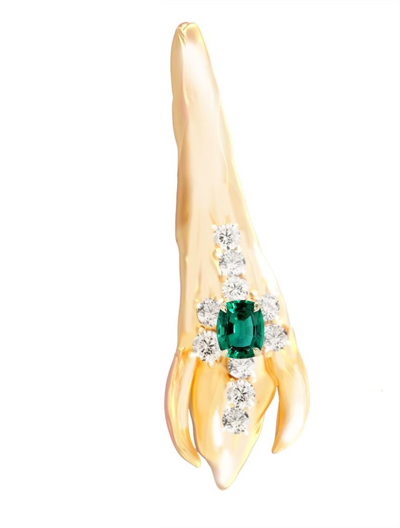 Women's or Men's 18 Karat Yellow Gold Contemporary Petal Earrings with Emeralds and Diamonds For Sale