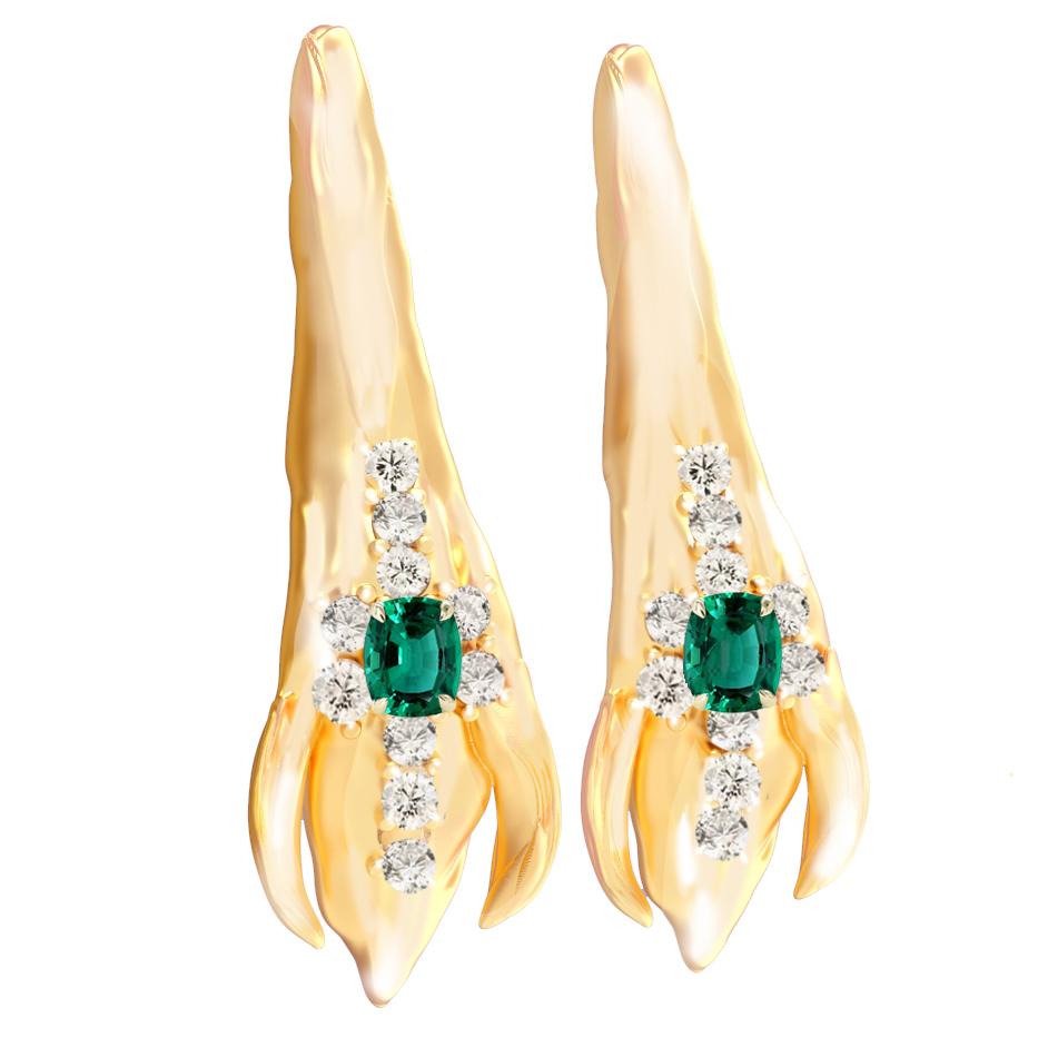 18 Karat Yellow Gold Contemporary Petal Earrings with Emeralds and Diamonds For Sale 1