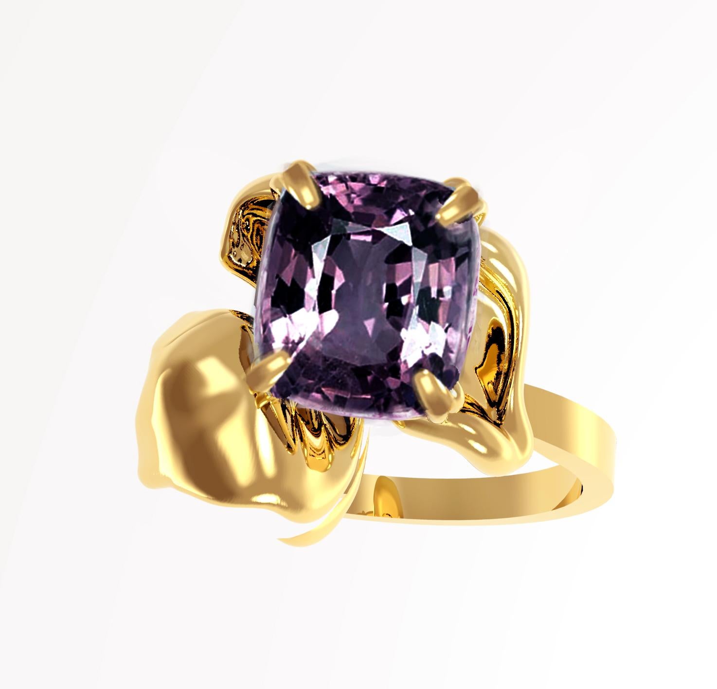 This Buttercup Flower contemporary ring is crafted in 18 karat yellow gold and adorned with a natural cushion ink purple spinel weighing 1.4 carats.  The yellow gold perfectly complements the ink purple spinel, creating a beautiful contrast. Yet