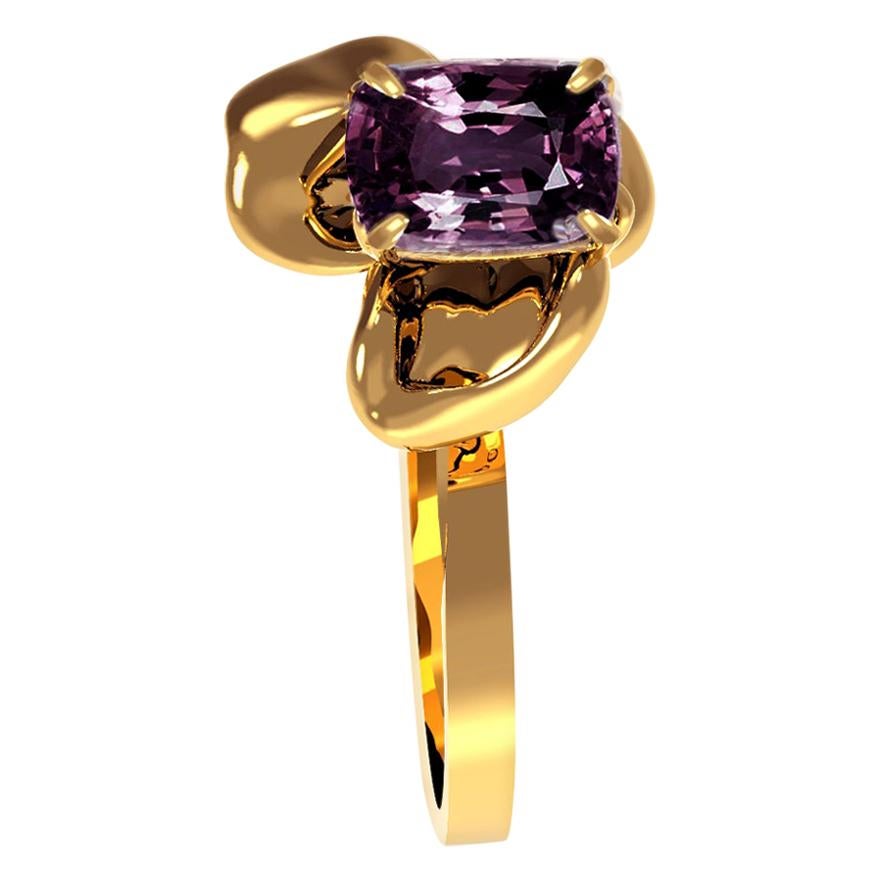 Eighteen Karat Yellow Gold Contemporary Ring with Ink Purple Cushion Spinel For Sale