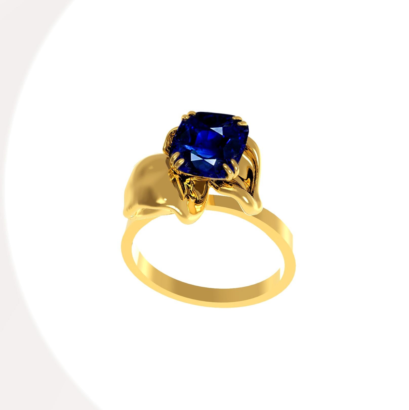 Eighteen Karat Yellow Gold Contemporary Ring with Cushion Sapphire For Sale 6