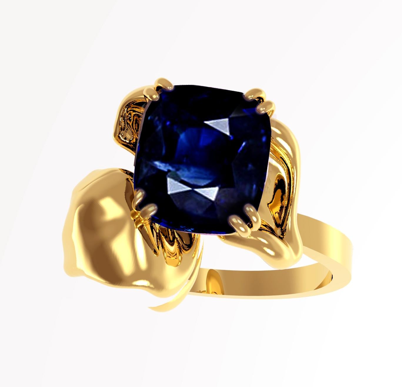 This contemporary cocktail ring is made of 18 karat yellow gold and is encrusted with a natural vivid blue great cut transparent cushion sapphire weighing 1,75 carats and measuring 7.5x7mm. The ring's unique design features a tiny flower shape that