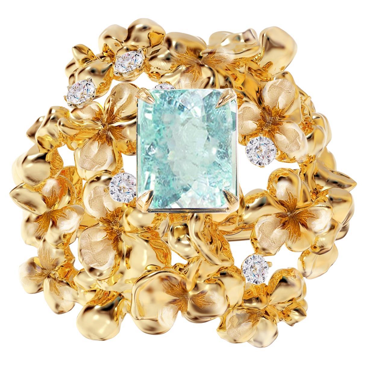 18 Karat Yellow Gold Contemporary Ring with Diamonds and Paraiba Tourmaline For Sale