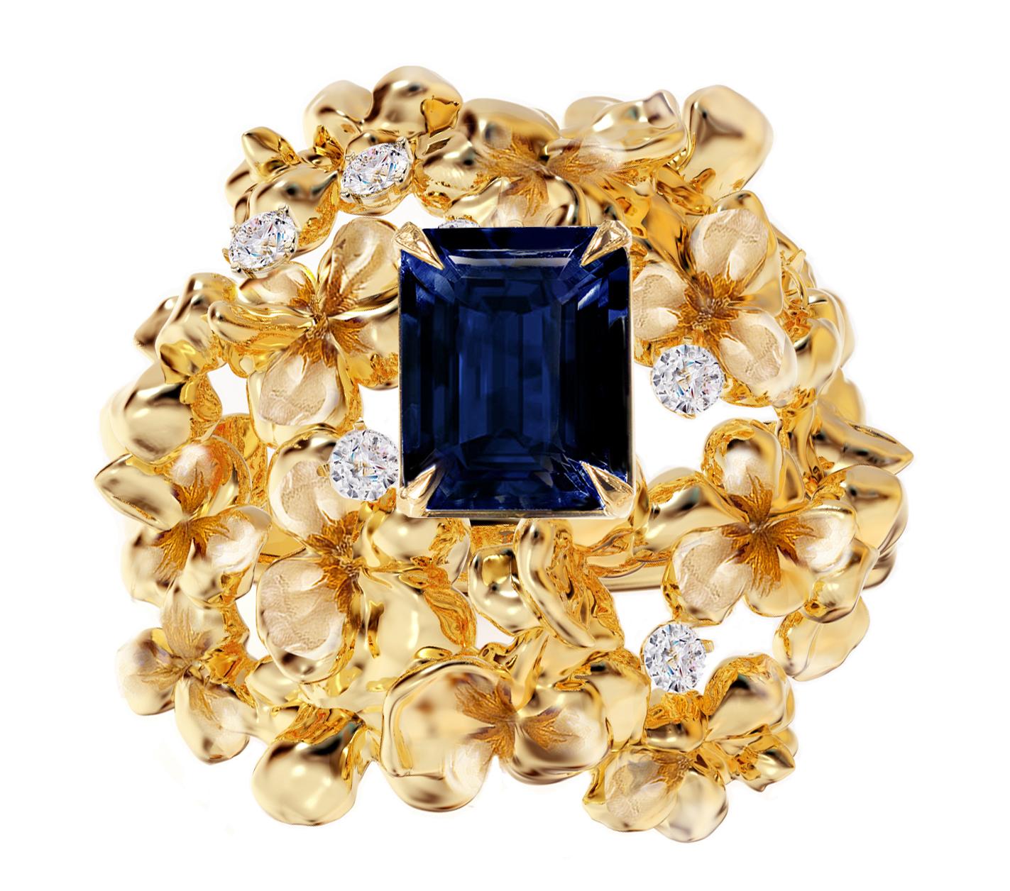 Women's or Men's Eighteen Karat Yellow Gold Contemporary Sapphire Ring with Seven Diamonds For Sale