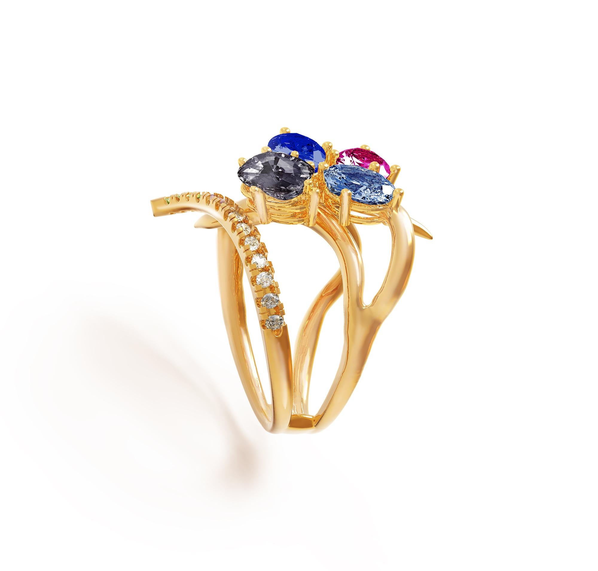 GGTL Certified Blue and Pink Sapphire Yellow Gold Contemporary Ring For Sale 7