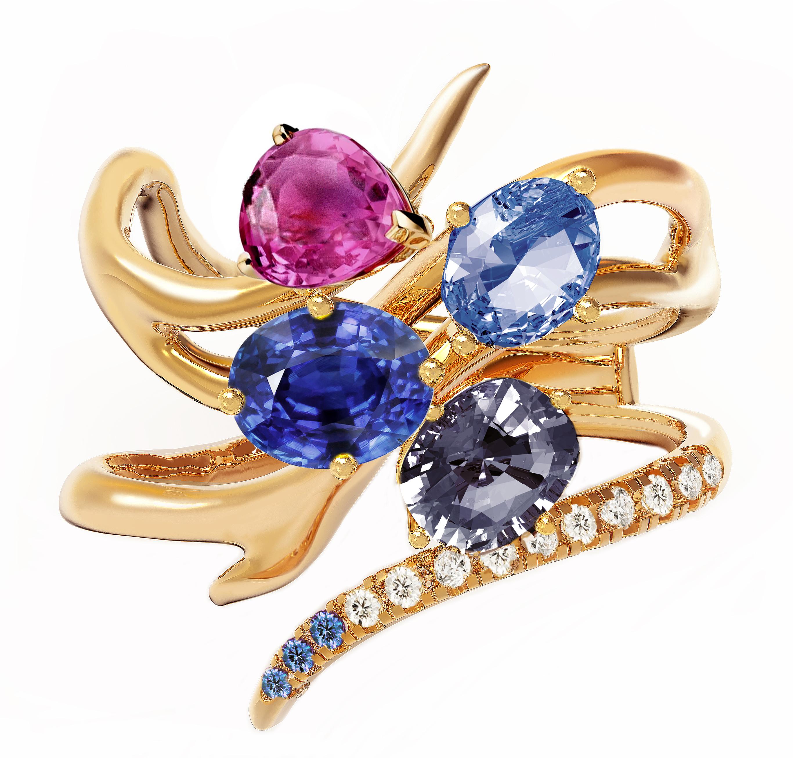 GGTL Certified Blue and Pink Sapphire Yellow Gold Contemporary Ring For Sale 8