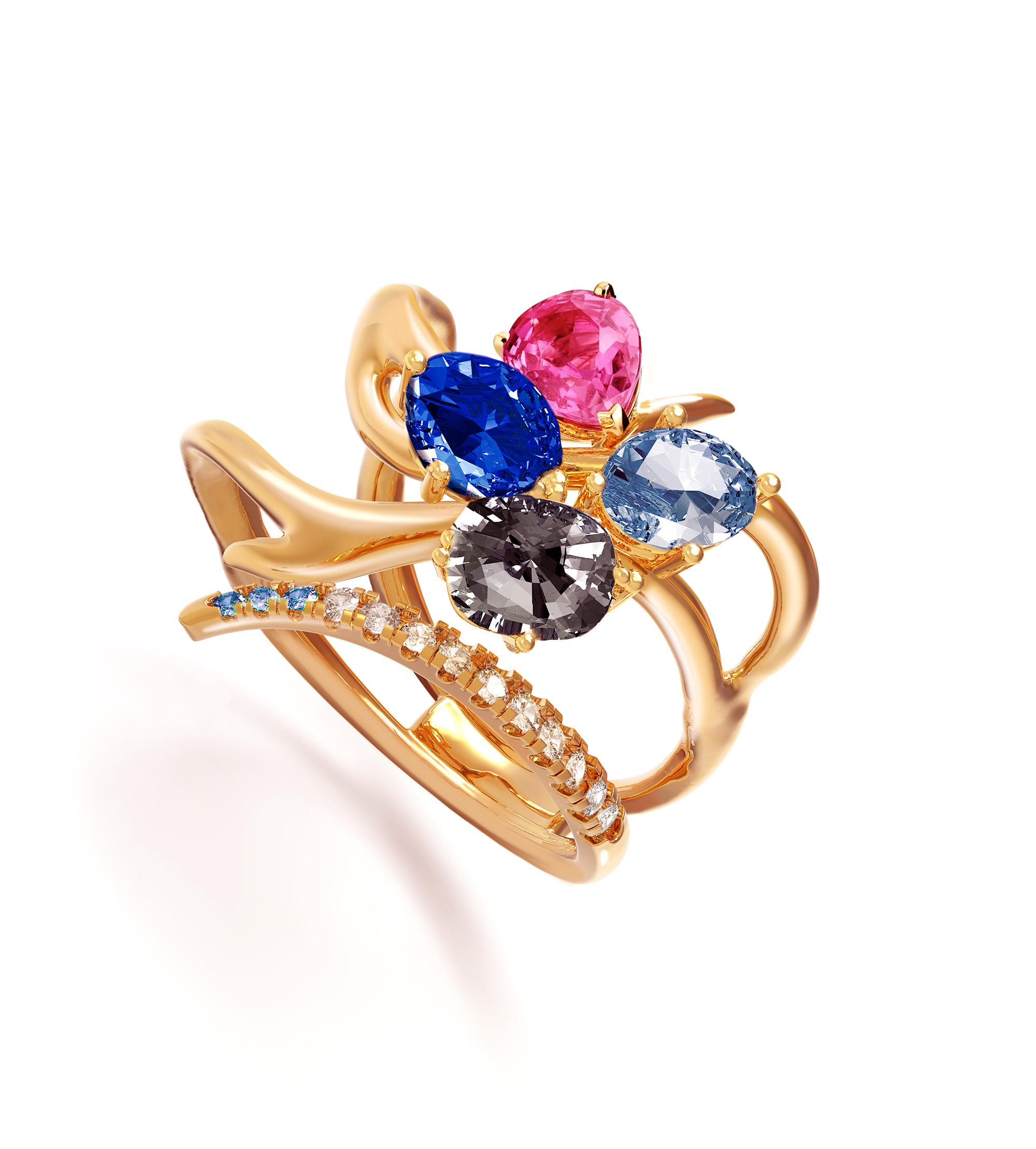 This Harajuku contemporary ring is made of 18 karat yellow gold with natural gems on your choice custom made. This piece can be personally signed for the same price.
The gems are:
Oval cut 3,5 carats natural unheated untreated vivid corn flower blue