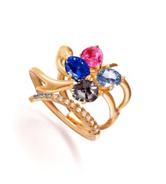 GGTL Certified Blue and Pink Sapphire Yellow Gold Contemporary Ring