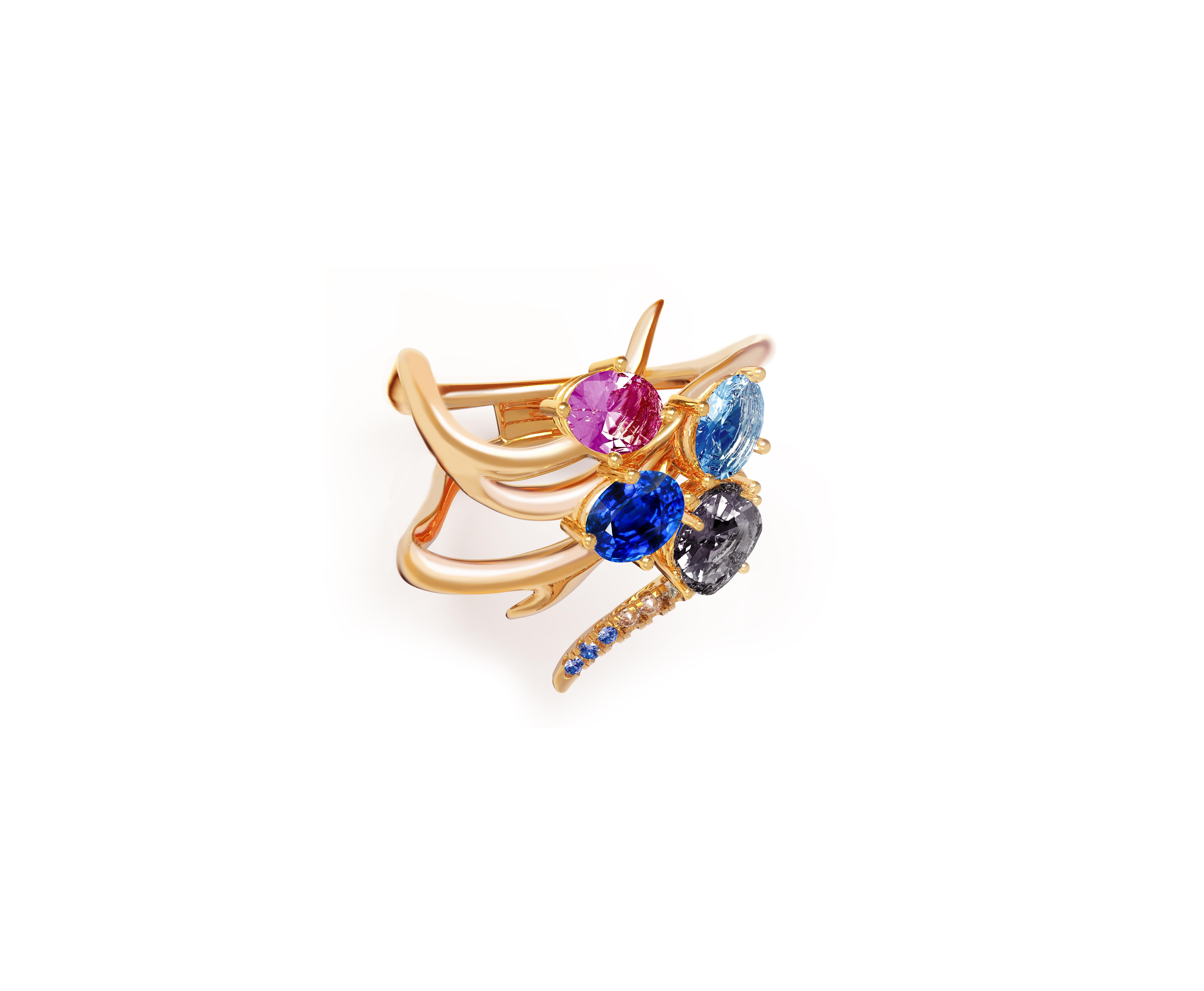 Oval Cut GGTL Certified Blue and Pink Sapphire Yellow Gold Contemporary Ring For Sale