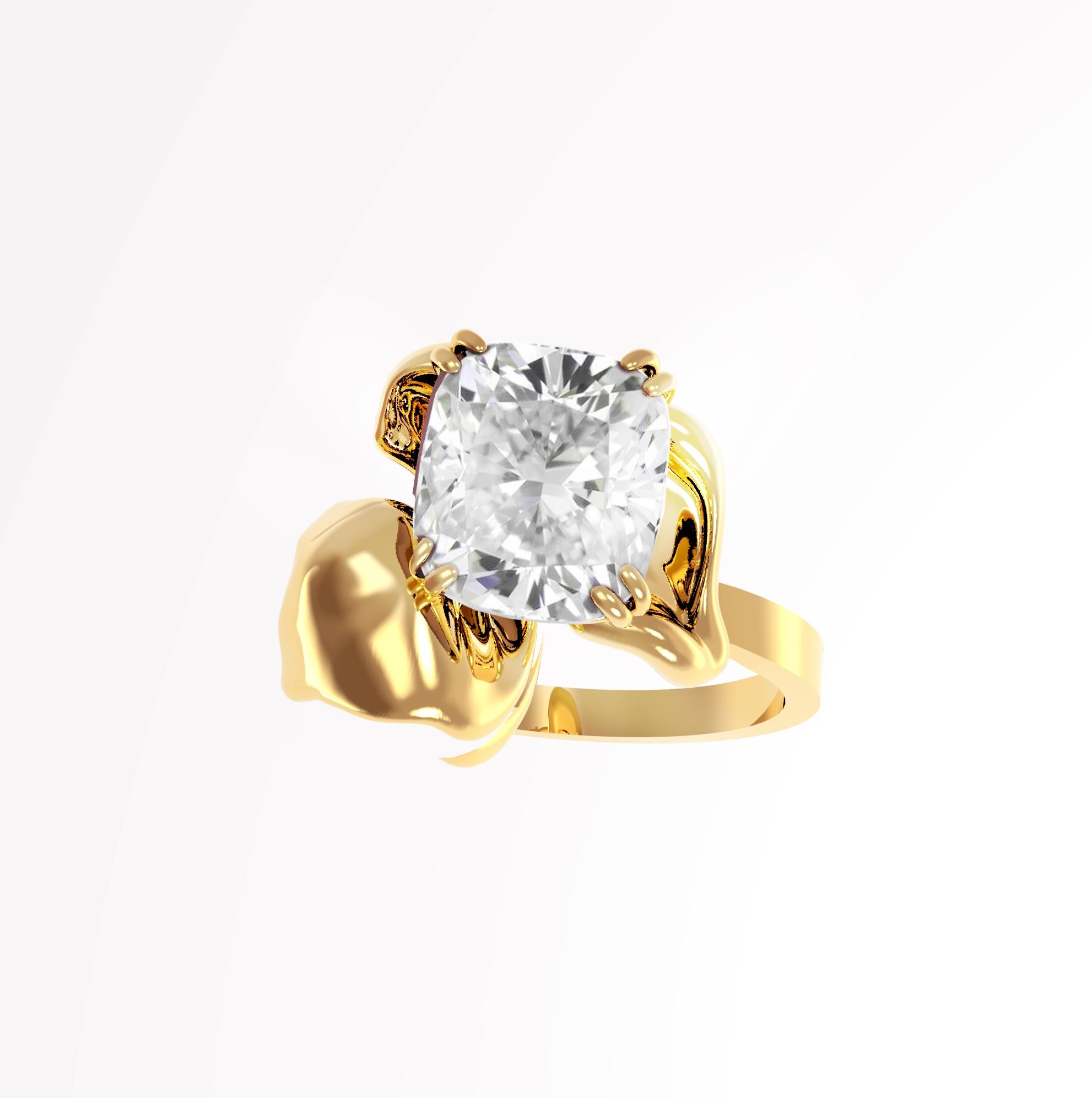 This contemporary Flower ring is crafted from 18-karat yellow gold with a cushion cut crushed ice diamond. The diamond weighs 1.01 carats, is SI1 clarity and F color. Designed by oil painter and 3D jewellery designer Polya Medvedeva, this ring is a