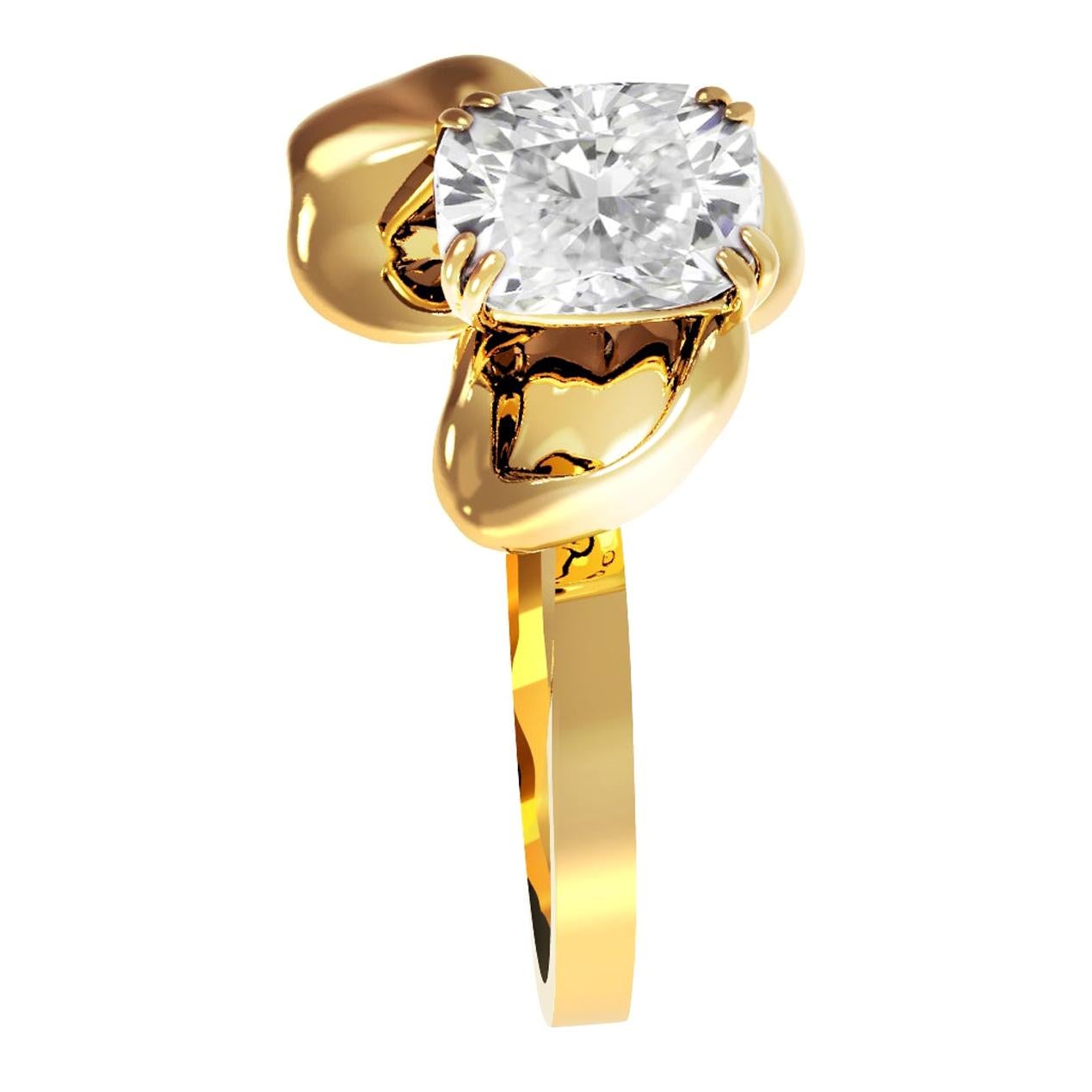 Eighteen Karat Yellow Gold Ring with One Carat Ice Crushed Cushion Diamond For Sale