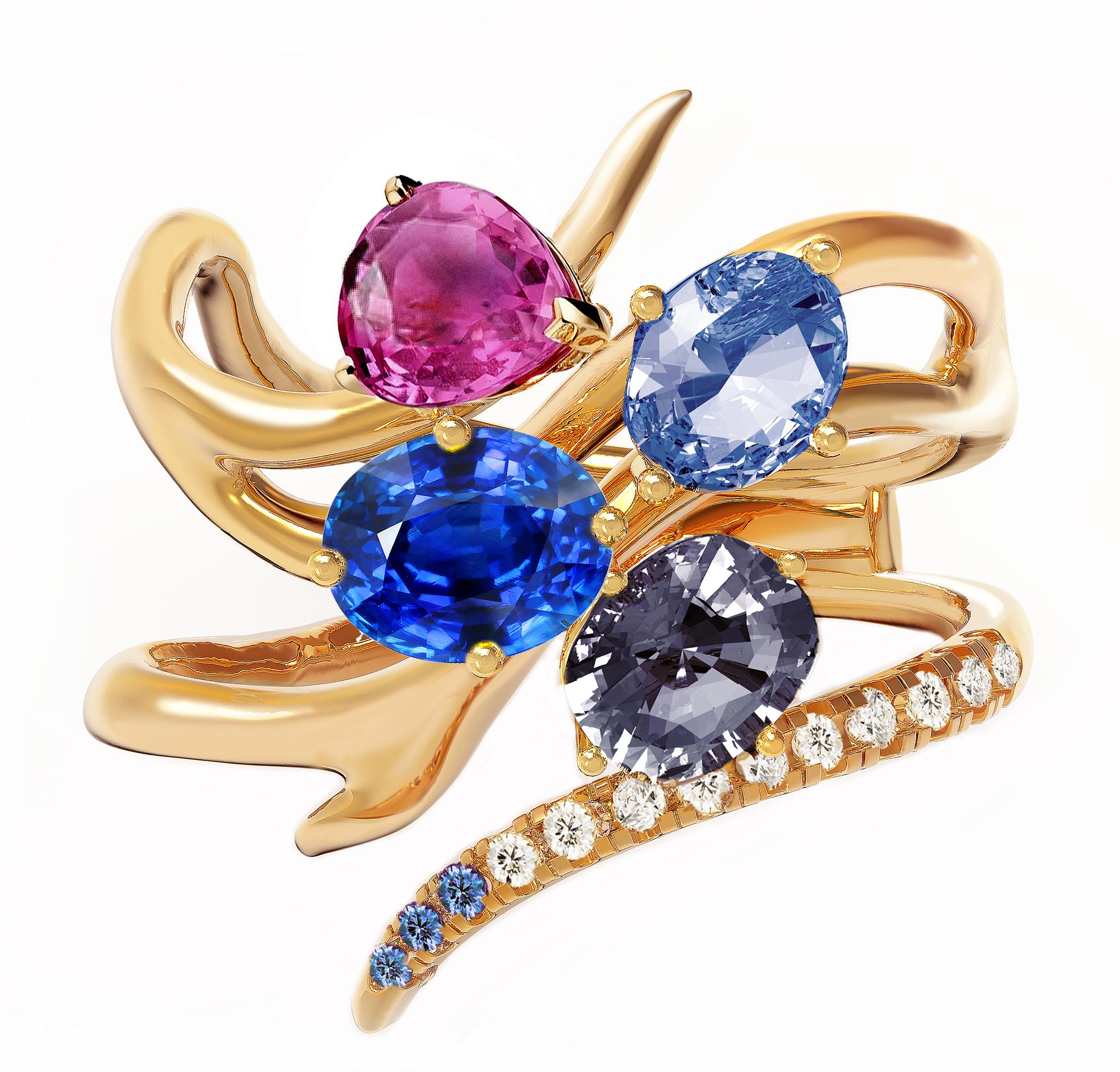 GRS Certified Royal Blue and Pink Sapphire Yellow Gold Contemporary Ring For Sale 9