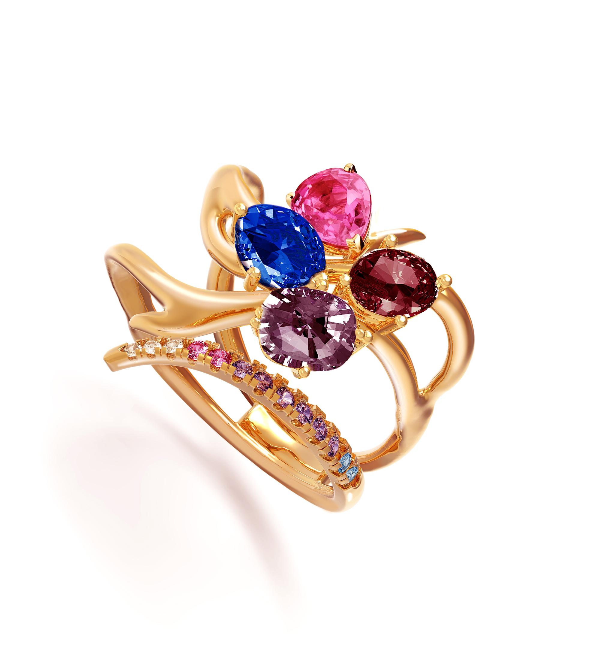This Harajuku contemporary ring is made of 18 karat yellow gold with natural gems on your choice custom made.
The gems are:
Oval cut 2,65 carats natural unheated untreated vivid blue (royal blue) sapphire, GRS (Swiss Lab) certified, 8,58x6,93x5,27