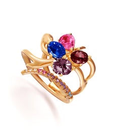 Yellow Gold Contemporary Ring with GRS Certified Royal Blue and Pink Sapphires