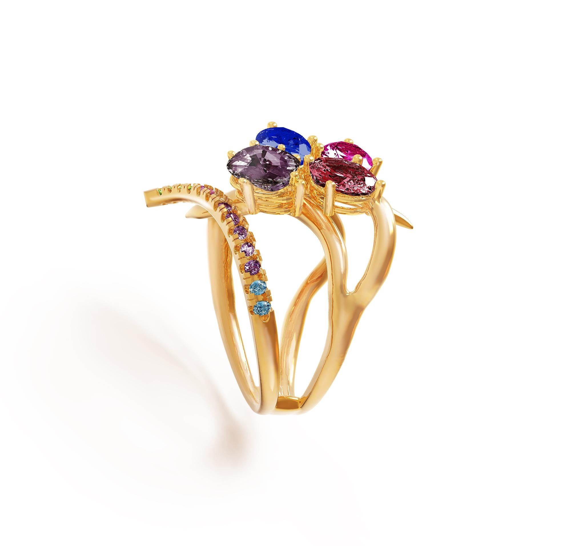 Yellow Gold Contemporary Ring with GRS Certified Royal Blue and Pink Sapphires In New Condition For Sale In Berlin, DE