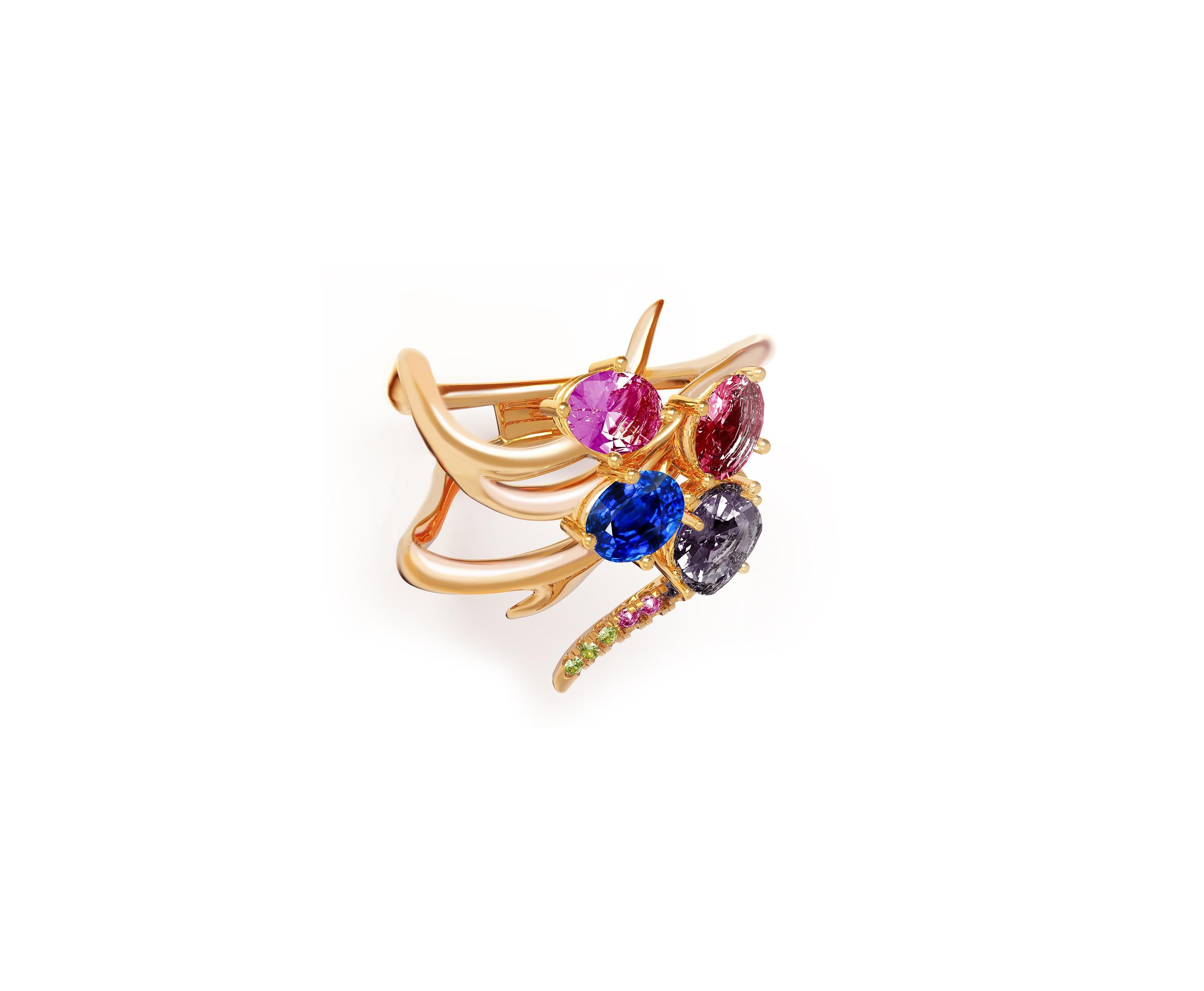 Yellow Gold Contemporary Ring with GRS Certified Royal Blue and Pink Sapphires For Sale 2