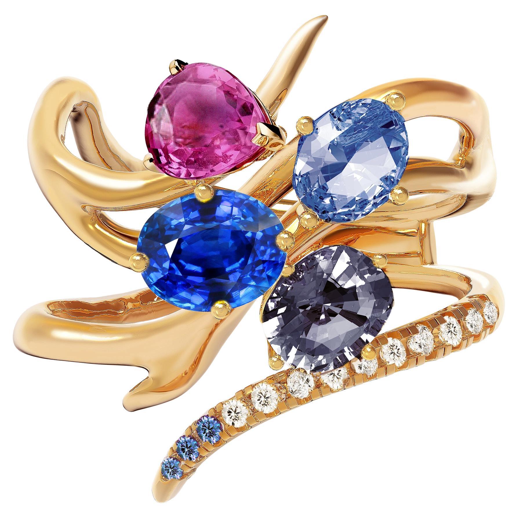 GRS Certified Royal Blue and Pink Sapphire Yellow Gold Contemporary Ring For Sale