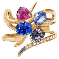 GRS Certified Royal Blue and Pink Sapphire Yellow Gold Contemporary Ring