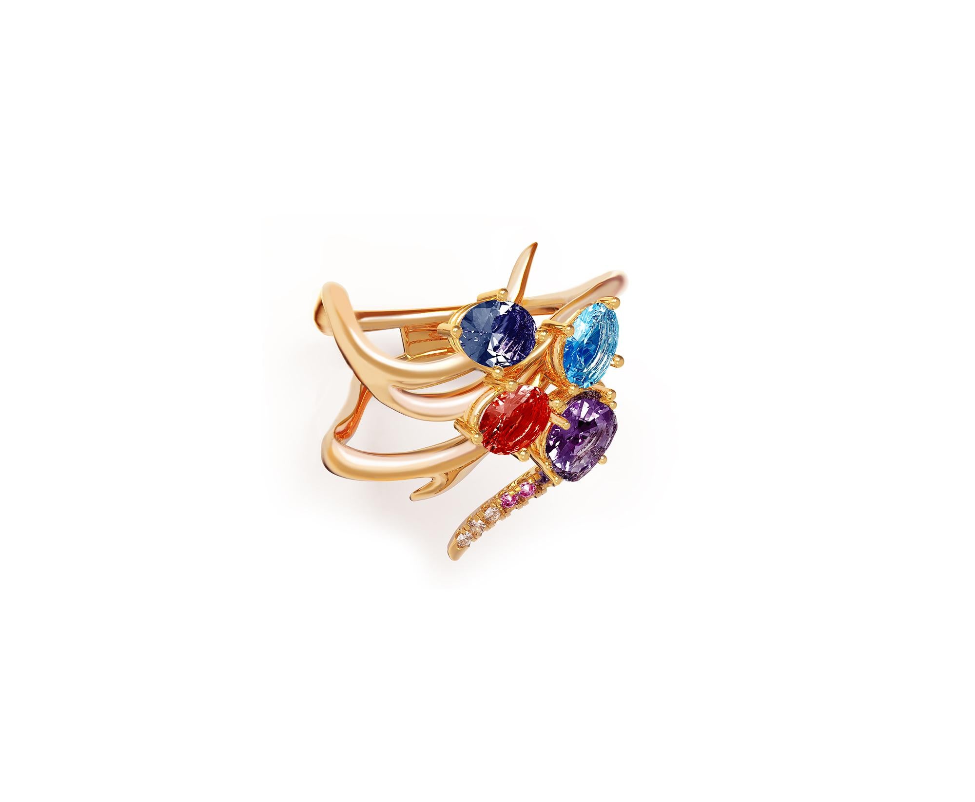 This Harajuku contemporary cluster cocktail ring is made of 18 karat yellow gold with natural gems on your choice custom made.
The gems are:
Pear cut vivid blue sapphire, 1,07 carats;
Red tourmaline in oval cut, 1,53 carats;
Blue swiss topaz and