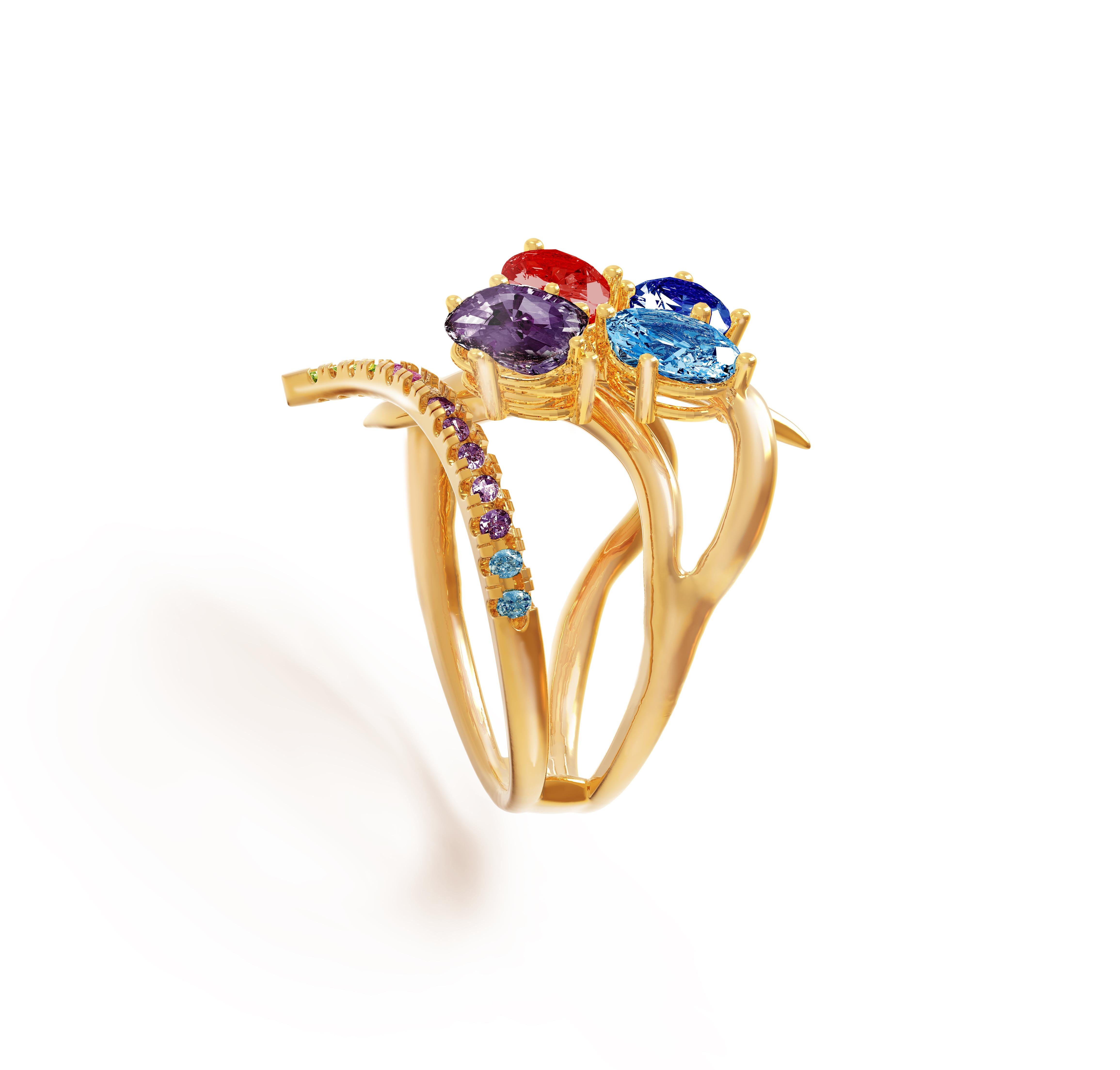 Eighteen Karat Yellow Gold Contemporary Cluster Ring with Blue and Red Sapphires In New Condition For Sale In Berlin, DE