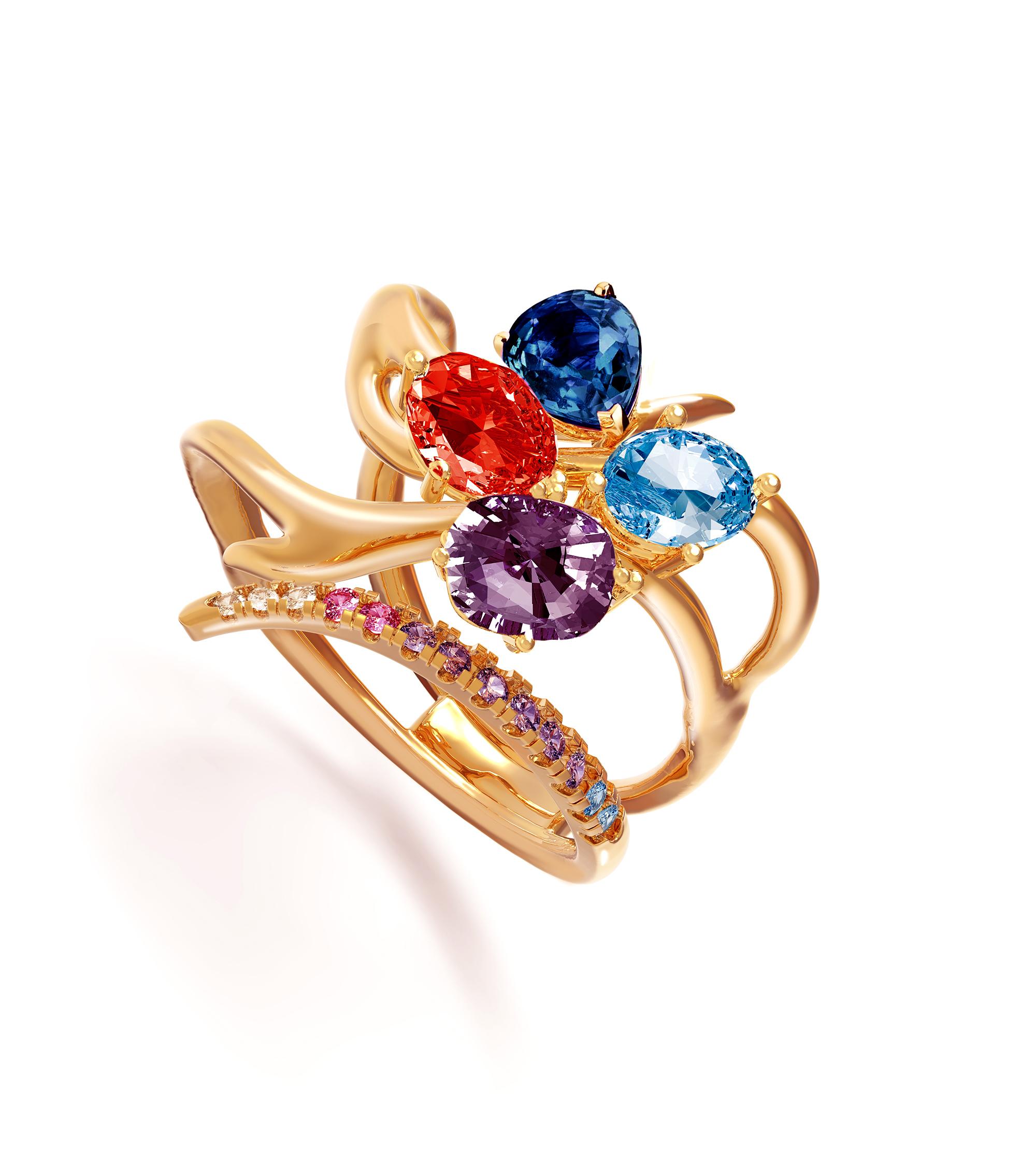 Women's Eighteen Karat Yellow Gold Contemporary Cluster Ring with Sapphires For Sale